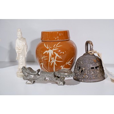 Toffee Brown Ginger Jar, Soapstone Figurine, Tibetan Bell and Cast Metal Dragon Chopstick Stand (4)