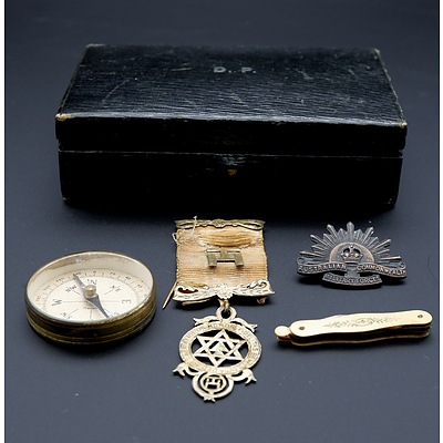 Vintage Initialed jewellery Box with Compass, Miniature Pocket Knife, Rising Run Badge and Gilt Silver Masonic Badge