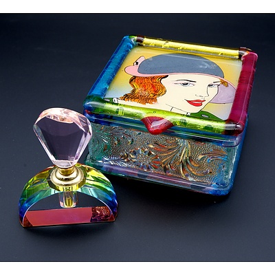 Art Glass Jewellery Box and a Iridescent Perfume Bottle