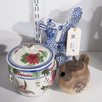 Vintage Chinese Lidded Pot with Handpainted Decoration, Blue & White Porcelain Dragon and Clay Teapot Marked to Base