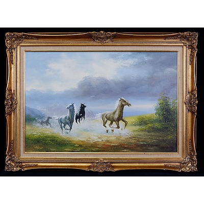 Vintage Oil on Board of Horses in Antique Style Gold Frame - Signed Lower Right Rayman