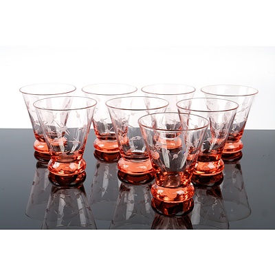 Set of Eight Vintage Etched Pink Glass Tumblers (8)