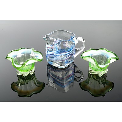 Two Small Opalescent Art Glass Bowls and a Swirl Glass Jug (3)