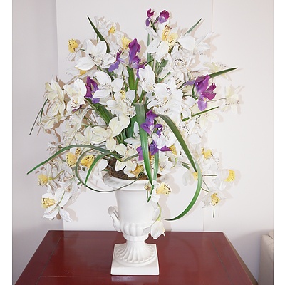 Glazed Ceramic Urn with Faux Flower Arrangement