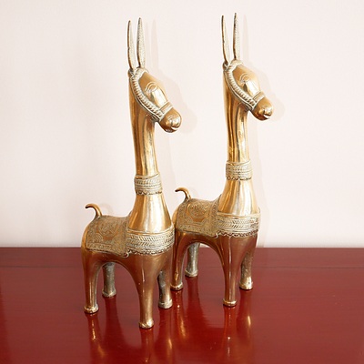 Pair of Indo Persian Cast and Engraved Brass Donkeys