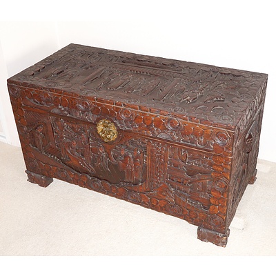 Large Chinese Profusely Carved Camphor Wood Chest