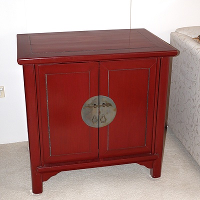 Chinese Red Lacquered Low Cabinet, 20th Century