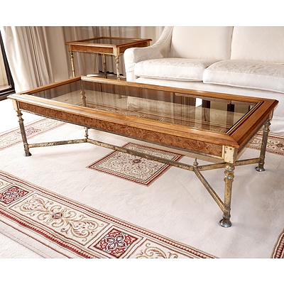 Hollywood Regency Style Patinated Metal and Inlaid Burr Walnut Coffee Table with Matching Pair of Side Tables