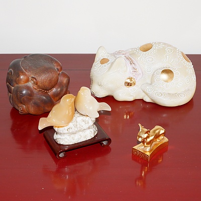 Soapstone and Marble Birds, Brass Cat, Ceramic Cat and Carved Hardwood Praying Figure