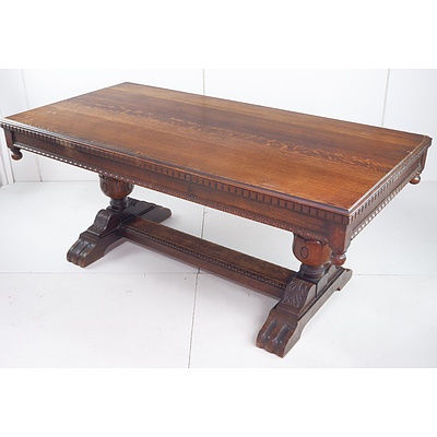 Oak Refectory Dining Table with Heavily Carved Pedestal Legs, Early to Mid 20th Century