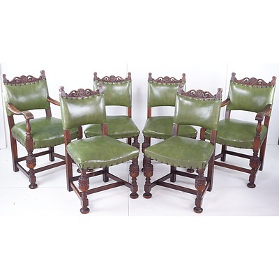 Six Heavily Carved Oak Dining Chairs with Green Vinyl Upholstery, Early to Mid 20th Century