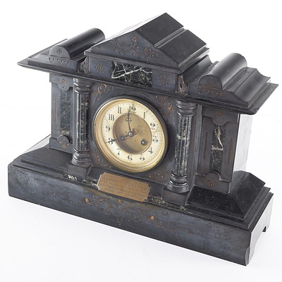 Antique Verde Marble and Slate Mantle Clock with Inscription Dated 1906