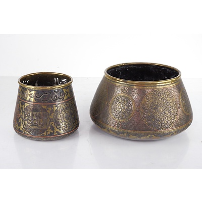 Two Islamic Indo Persian Cast and Overlayed Brass Bowls