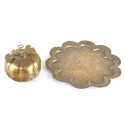Vintage Persian Etched Brass Tray and Cast Brass Pumpkin Form Box