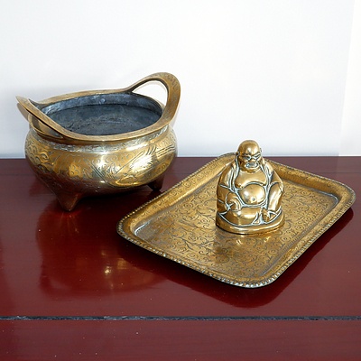 Cast Brass Seated Buddha, Indo Persian Cast and Engraved Brass Tray and Chinese Cast and Engraved Brass Twin Handled Bowl