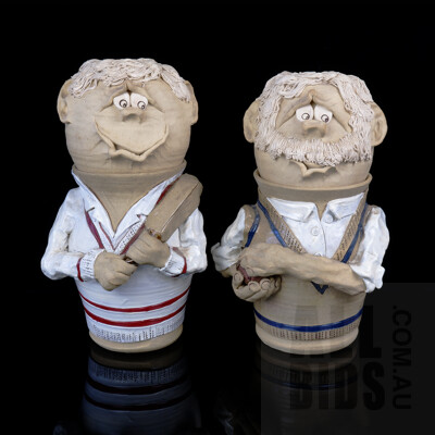 Two Studio Ceramic Cricket Caricature Biscuit Jars, Initialed KT