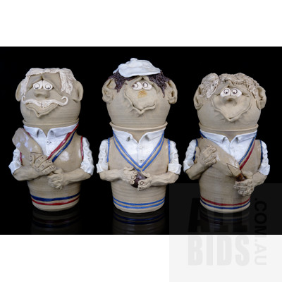 Three Studio Ceramic Cricket Caricature Biscuit Jars, Initialed DJ