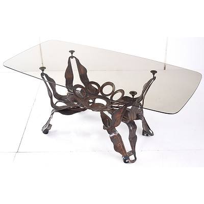 1970s Coffee Table with Sculptural Metal Base and Smoked Glass Top