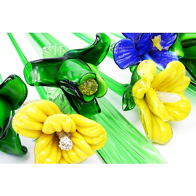 Eight Art Glass Flowers and Three Stems