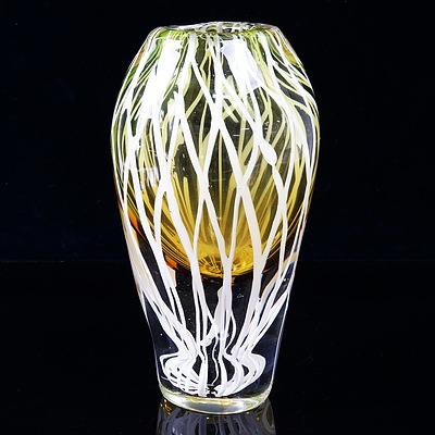 Large Art Glass Yellow and White Vase