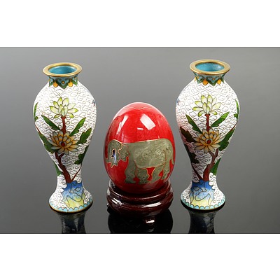 Two Small Cloisonne Vases and an Egg with Elephant Motif
