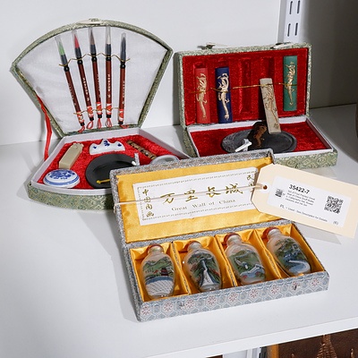 Set of Four Painted Great Wall of China Snuff Bottles, Calligraphy Set, Boxed Inkstone and Ink Set