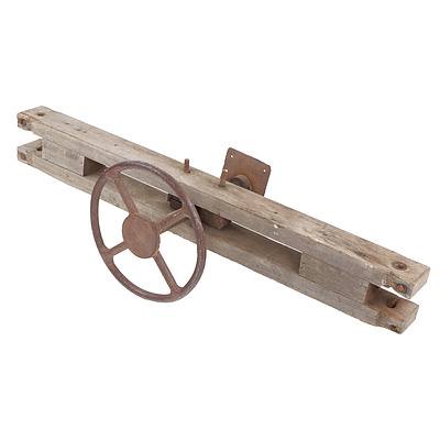 Vintage Industrial Piece - Metal Turnscrew Mounted in Timber Frame