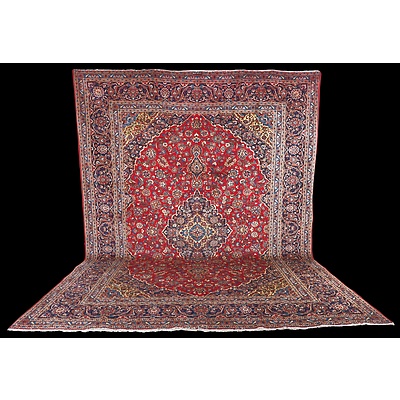 Persian Kashan Hand Knotted Wool Pile Room Sized Carpet with Signed Kashan Cartouche