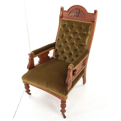 Edwardian Cedar Grandfather Chair with Green Fabric Upholstery