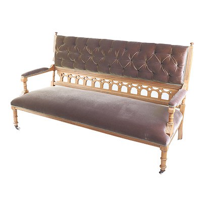 Edwardian Three Seat High Back Settee with Fretwork Decoration and Buttoned Upholstery