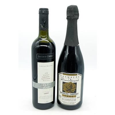 Jacobs Creek Limited Release Barossa 1998 Cabernet Sauvignon - Bottle No 14689 and a Chambers Sparkling Cabernet
