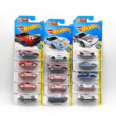Fifteen Hot Wheels HW Speed Graphics Models, Ford GT, Nissan Fairlady FZ, 70 Ford Escort RS1600