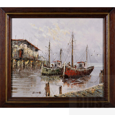 A Framed Oil Painting of a Harbour Scene