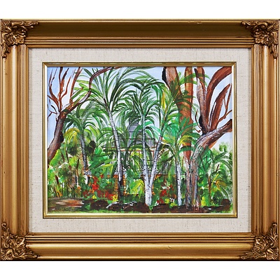 Two Framed Oil Paintings: The Lodge, Daly River & Panda Amongst Bamboo, Largest 19 x 24 cm (2)