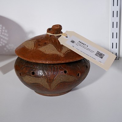 Eastern Hand Crafted Pottery Lidded Bowl with Frog Finial