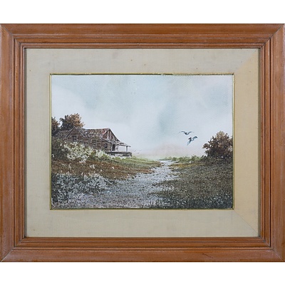 European School (20th Century), Untitled (Landscape with Cottage and Ducks in Flight), Watercolour