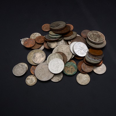Collection of Australian and International Currency, Including 1957 Half Crown, 1922 Half Crown, Florins, Shillings, Sixpence and More