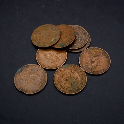 Collection of Australian Pennies, 1922 (3), 1934, 1936, 1933, 1927 and 1929