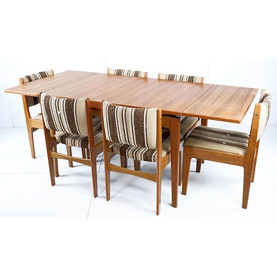 Retro Chiswell Teak Veneer Extension Dining Table with a Set of Six Fabric Upholstered Chairs