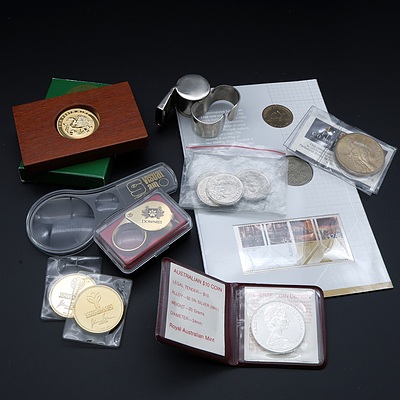 Collection of Coins Tokens and Magnifier and More Including: $10 Commonwealth Games Coin, 1988 Five Dollar Commemorative coin