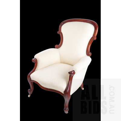 Victorian Mahogany Cream Fabric Upholstered Armchair, Circa 1880