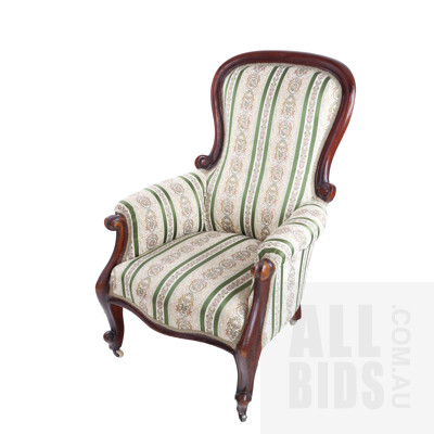 Victorian Mahogany Cream with Green Striped Fabric Upholstered Armchair, Circa 1880
