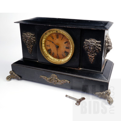 Antique American Anastasia Slate and Marble Mantle Clock with Classical Lion Head and Floral Swag Aplique