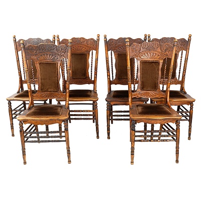 Six Antique American Oak Pressback Cottage Chairs with Fine Barley Turned Spindles Circa 1900