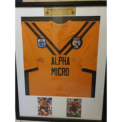 L73 - Framed Balmain Tigers jersey signed by Steve Roach and Wayne Pearce