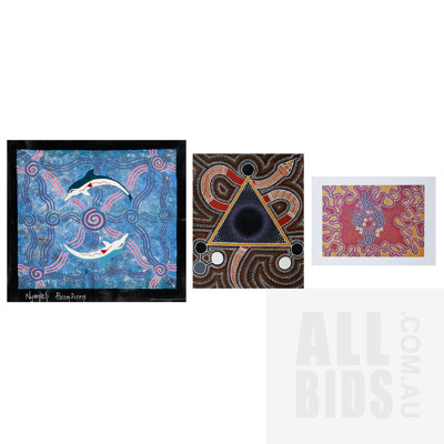 Three Unframed Canvases in Aboriginal Style, Two Paintings and One Print