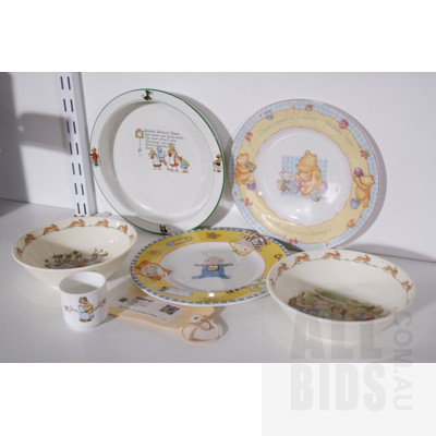 Collection Childrens Ceramics Including Beatrix Potter Royal Albert Egg Cup, Two Royal Doulton Bunnykins Bowls and More