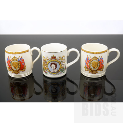 Three Royal Commemorative Porcelain Mugs Including Spode and Meakin Examples