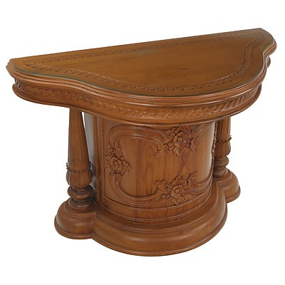Eastern Teak Altar Table with Carved Decoration and Protective Glass Top