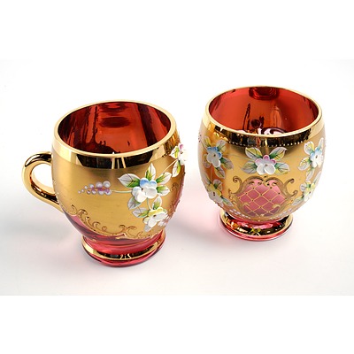 Bohemian Hand Painted and Gilded Cranberry Punchbowl, 12 Glasses and Ladle